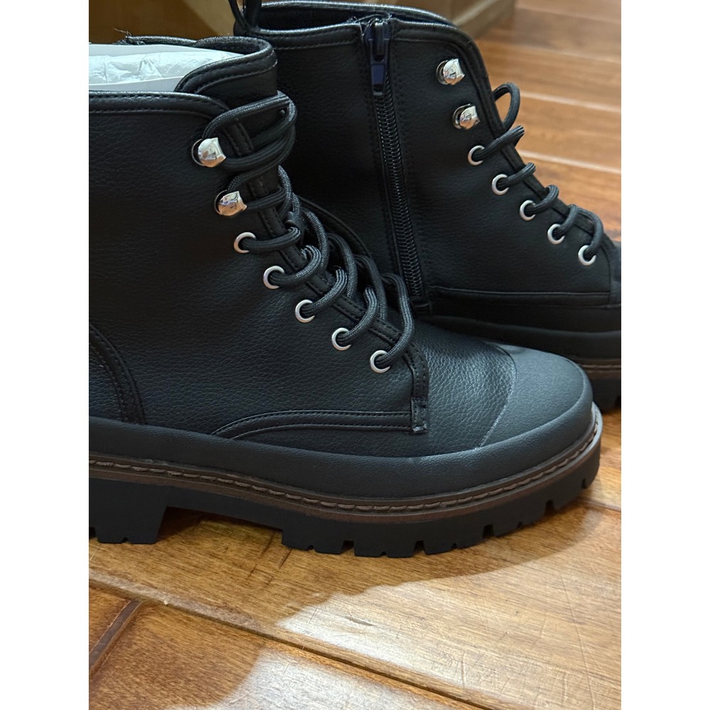 Black Faux Leather Lace Up Combat Boots Side Zip Lug Sole Ankle Booties 6.5M